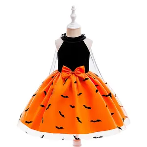 Black Orange Ball Gown Kids Clothes Bow Halloween Dress Children Cosplay Costume Fancy Carnival Pumpkin Witch Vampire Party Holiday Princess Frock 3-8Y