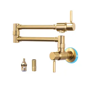 WOWOW Brushed Gold Solid Brass Heavy-Duty Wall-Mount Pot Faucet for Kitchen Sink, 2-Handle Folding-Arms Stove Faucet with Double Joint Swing Arms
