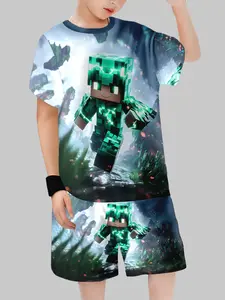 Crystal Pixel Character Short Sleeve Set, Novelty Minecraft Style Boys' Game Clothing, Summer Adventure Casual Wear, Kids Fashion
