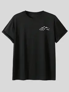 Minimalist Mountain Line Print T-Shirt, Unisex Japanese Style City Walk Top, Versatile Casual Short Sleeve, All Seasons Loose Fit