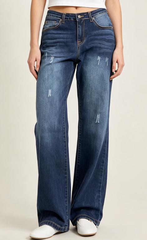 High Waisted Dark Wash Wide Leg Jeans for Women, Casual Loose Fit Stretch Denim Pants with Distressed Details, Comfortable Straight Leg Trousers for Everyday Streetwear