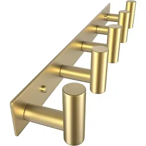 Hat and Coat Wall Mount Rack - Hooks for Robes, Bags, Keys, and Towels - Bathroom Towel Hanger Organizer (Gold, Shape 5 Hooks 1 Pack)