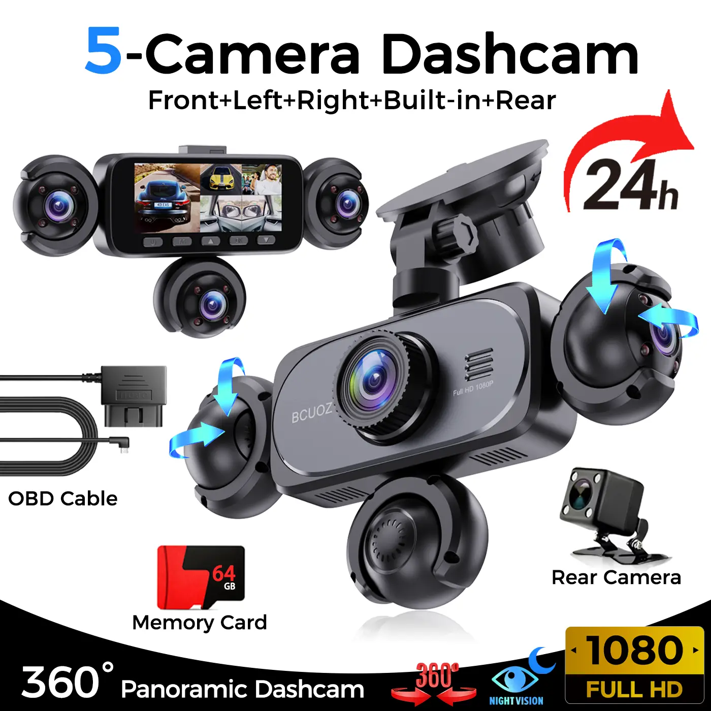 BCUOZ 5-Channel  Full HD 1080P Car Dash Cam，Free OBD cable for 24H Parking Mode,with 64GB Memory Card,Requires charging to use,1080P Front + Rear+ Inside/Left/Right Cameras, Loop Recording,Super Night Vision,Car Video Surveillance,Car DVR HD Screen