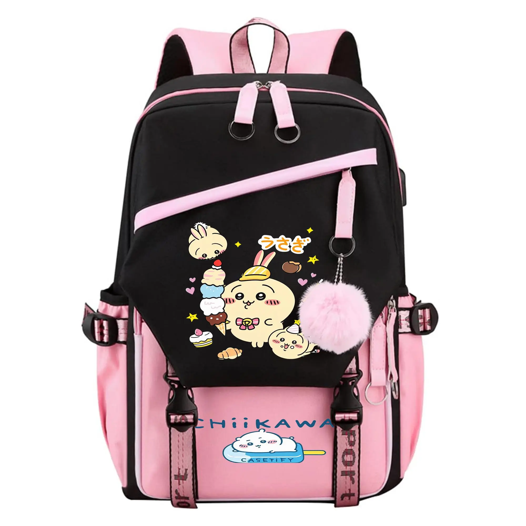 chiikawa Graphic Backpack for Girls, Y2K Pink and Black School Bookbag with Keychain, Waterproof Travel Laptop Bag for Teens College d-4
