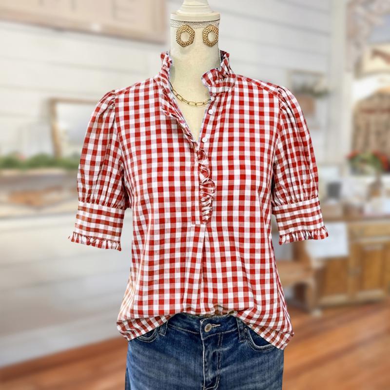 100% Cotton Green/Khaki/Red/Blue Gingham Check Shirt with Ruffle Neckline & Puff Sleeves Medium Length Women's Fashion Top Runs Large