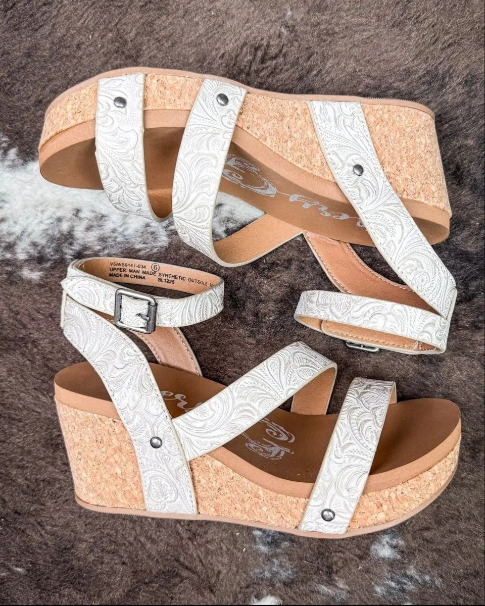 Women's Stylish Tooled Design Kiara Wedge Sandal - Light Grey, Soft Shoe, Comfortable Walking Shoe by Very G