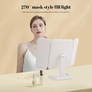 1pc 270° Rotating LED Makeup Mirror with 3x/5x Magnification, Adjustable Brightness, Leather Finish for Women, Portable Touch Control with Storage Base, Led Tabletop Mirror