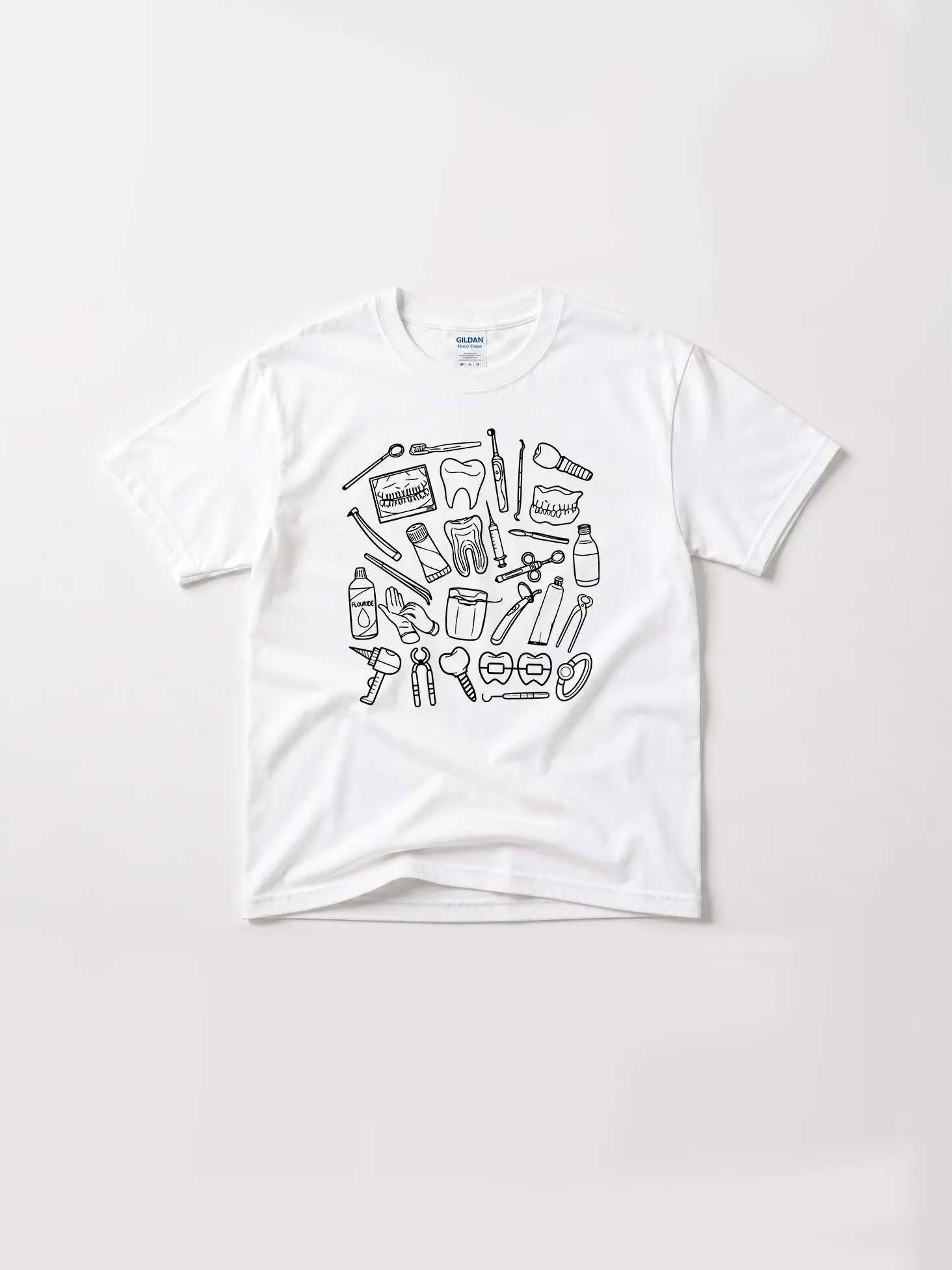 Women's Fitted Cotton T-Shirt - Dental Tool Doodles Graphic, Gift for Dentists & Dental Professionals
