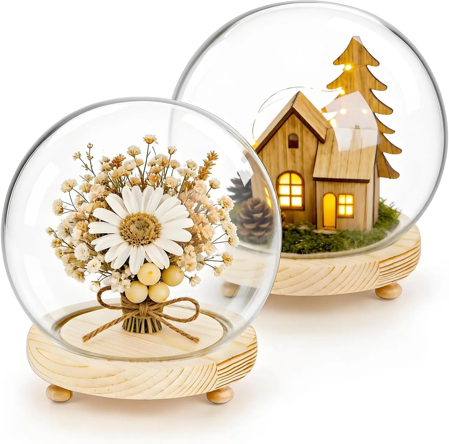 2 Pack Clear Glass Dome Cloche, 6 Inch Decorative Display Bell Jar with Wooden Base, DIY Snow Case Memory Showcase for Flower Tabletop Centerpiece Home Christmas Party Decoration
