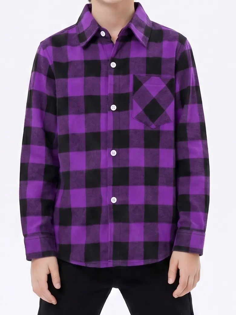 Boys Shirts Boys Button Down Shirt | Purple Black Plaid Flannel School Shirts for Boys | Kids Long Sleeve Button Up Plaid Shirt | Toddler Boy Clothes Casual Cotton Checker Collar Blouse | Trendy Kids Fall Winter Tops