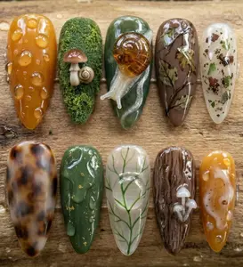 3D Press On Nails Set Snail Moss Forest Goblincore Art Luxury Gif For Her On Birthday, Party, Wedding Day