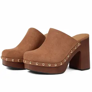 Suede Mules for Women with Gold Studs Detail Wood Platform Block Heel Retro Clogs Style Trendy Slip-On Footwear Comfortable Chunky Heel Statement Shoes for Casual & Streetwear