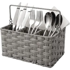 Wicker Utensil Caddy with Handle, Silverware Holder Organizer for Kitchen Table or Cabinet, Perfect for Picnic and Outdoor Parties