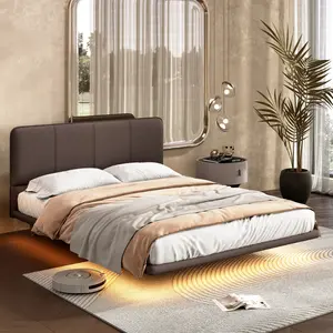 Queen Floating Bed Frame with LED Light, Modern PU Leather Queen Size Platform Bed for Bedroom, No Boxing Spring Needed, Assemble Easily, Coffee