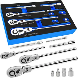 10-Piece Flex Head Ratchet Set, 1/4 3/8 1/2 Inch Drive, Swivel Head Ratchet Wrench with Extension Bars & 4 Adapters, 72-Tooth Quick-Release, EVA Storage Case for Auto & DIY Repairs