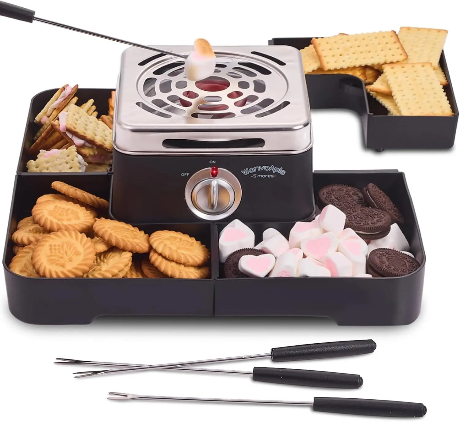 Electric Smores Maker Indoor Smores Kit with 4 Detachable Trays 4 Stainless Steel Forks Flameless Tabletop Indoor Flameless Smores Maker Black
