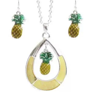 Tropical theme epoxy teardrop ring pendant necklace set - pineapple