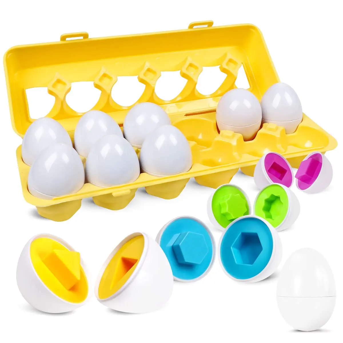 Toddler Matching Eggs Toy, Color & Shape Recognition Puzzle, Montessori Early Learning Geometric Enlightenment Toy, Fine Motor Skills Educational Gift for 1 2 3 Year Old Boys Girls (12pcs)