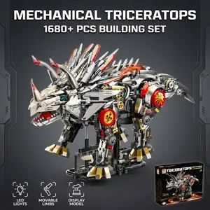 1688+PCS Mechanical Triceratops LED Building Set, Cyber Dinosaur Collectible Display Model with Movable Features and Crank-Driven Motion, Premium Building Kit for Adult Collectors and Dinosaur Enthusiasts stem