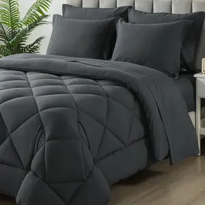 Queen Size Comforter Set, 7 Pieces Bed in a Bag, Bedding Sets with All Season Soft Quilted Lightweight Comforter, Flat Sheet, Fitted Sheet, 2 Pillow Shams, 2 Pillowcases, Black _ Home & Kitchen