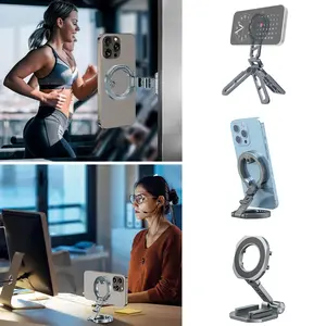 CAMOLO Strong Dual-Sided Magnetic Phone Tripod Stand for iPhone - Aluminium Smartphone Mini Foldable Pocket Cell Phone Stand Quick Mount Compatible with iPhone 16 15 14 13 12 Magsafe for Car,Gym,Desk,Travel,Gifts