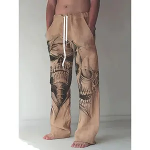 Men's Loose-Fit Skull Print Joggers - White & Gray Skeleton Design, Polyester Blend, Casual Sport Pants with Drawstring Waist, Machine Washable, Clothing |   Skull Print Pants |   Drawstring Waistband