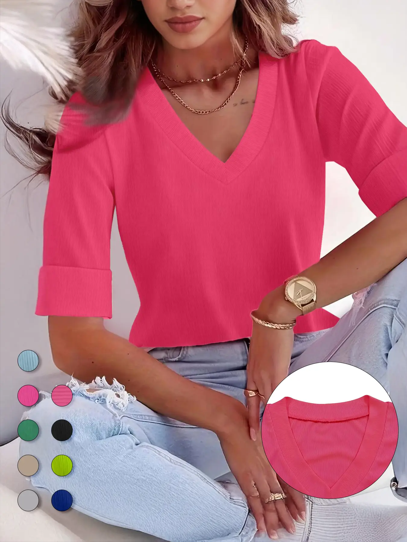 Plus Size Solid V Neck Roll Up Sleeve Tee, Casual T-shirt for Summer, Women's Plus Clothing for Daily Wear, Cute Tops, Quality and Durability