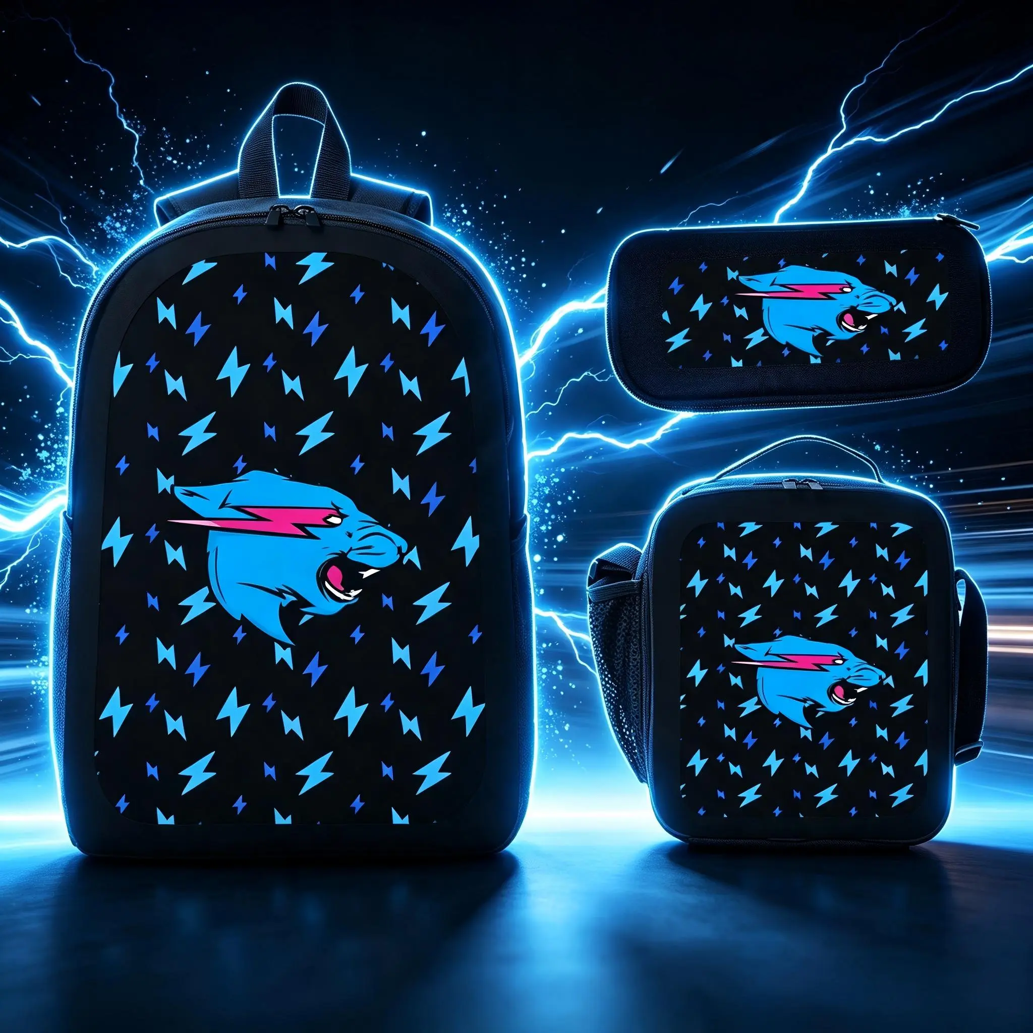 Mr Beast Lightning Cat 3PCS Backpack Set - School Backpack with Crossbody/Shoulder Bag & Pencil Case, Large-Capacity Student Bookbag, Lightweight Travel Daypack, Gift for Teens for Christmas, Holiday, Birthdays Funny Bag Geek Bag