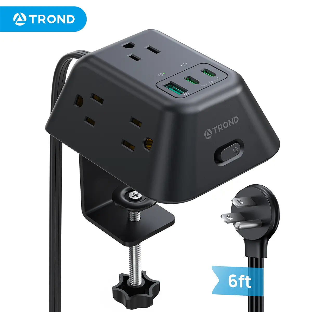 TROND Desk Clamp Power Strip with USB C PD 20W, Desk Surge Protector, 5 AC Outlets Desktop Charging Station, Fit 1.97in Tabletop Edge Thick, Flat Plug Extension Cord for Home Office Accessories