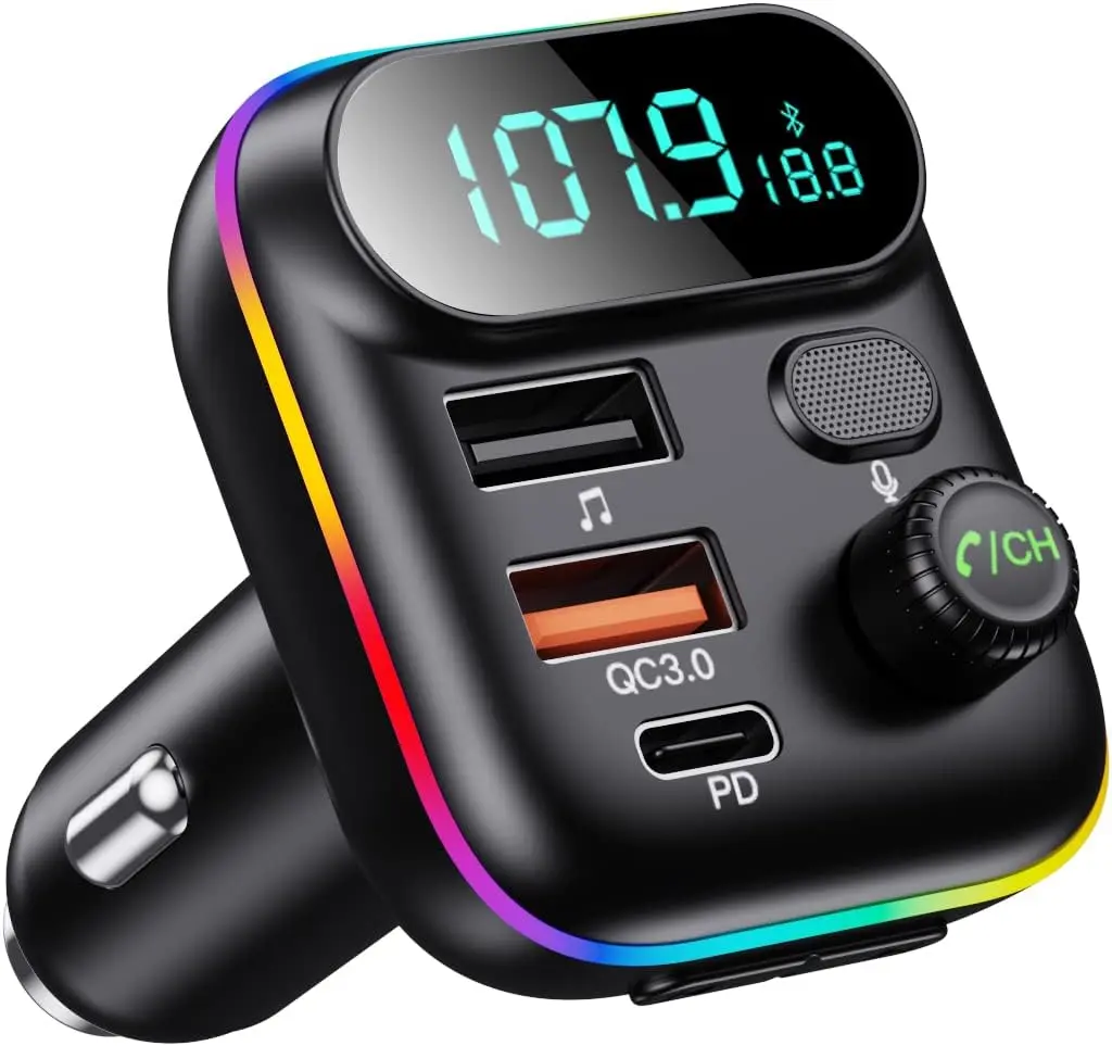 Bluetooth Car Adapter - Wireless Bluetooth Adapter Audio & Video Accessories, Bluetooth 5.0 FM Radio Transmitter, MP3 Player, 7 Colors LED Backlit, QC3.0 + PD 20W USB Car Charger