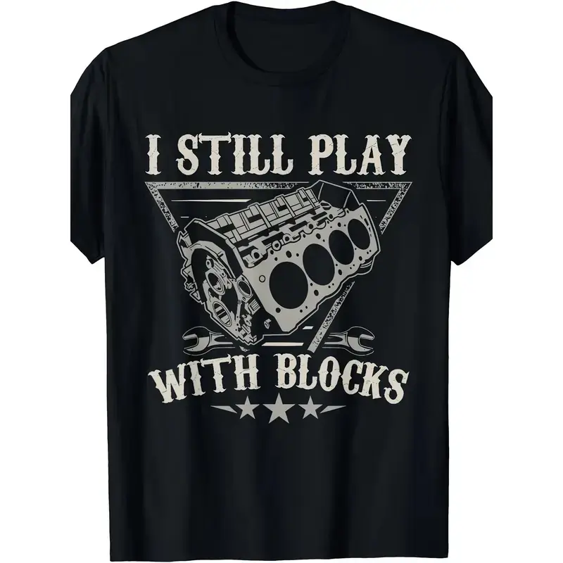 I Still Play With Blocks Car Mechanic Motor Engine Soft Graphic T-Shirt, Grey & Green Available
