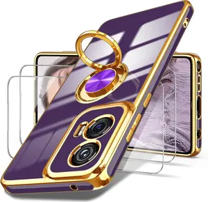 Phone Case for Moto G Stylus 5G 2024 Case, 2X Screen Protector, 360° Rotatable Ring Holder Magnetic Kickstand,Plated Gold Edge Slim Soft TPU Protective Cover for Motorola G Stylus 5G (Deep Purple, 2024)
