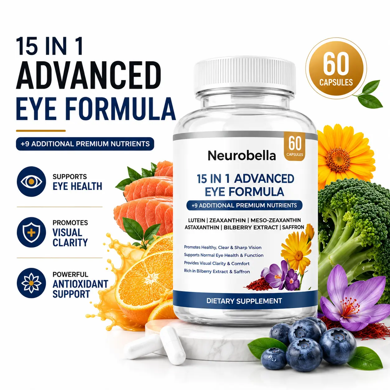 Neurobella 15-in-1 Advanced Eye Support Capsules, 60 Count, Vision Nutrition Supplement, Prop 65 Safe Daily Care for Eye Health