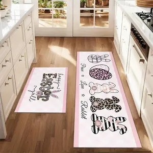 2Pcs Easter Bunny Pink Floor mat set including farmhouse kitchen Rug dining room flooring laundry room decorative carpet mat Animal Printed Rug