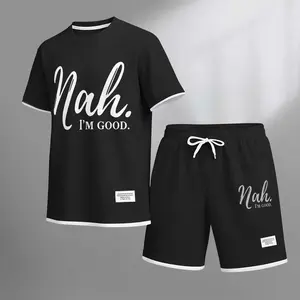 Men's Nah I‘M Good Print Drawstring Shorts Set For Spring/Summer. A Casual Summer Outfit, Including A Short-Sleeved Shirt And Shorts, Suitable For Everyday Wear And Sports. A Two-Piece Set For A Relaxed And Energetic Lifestyle.