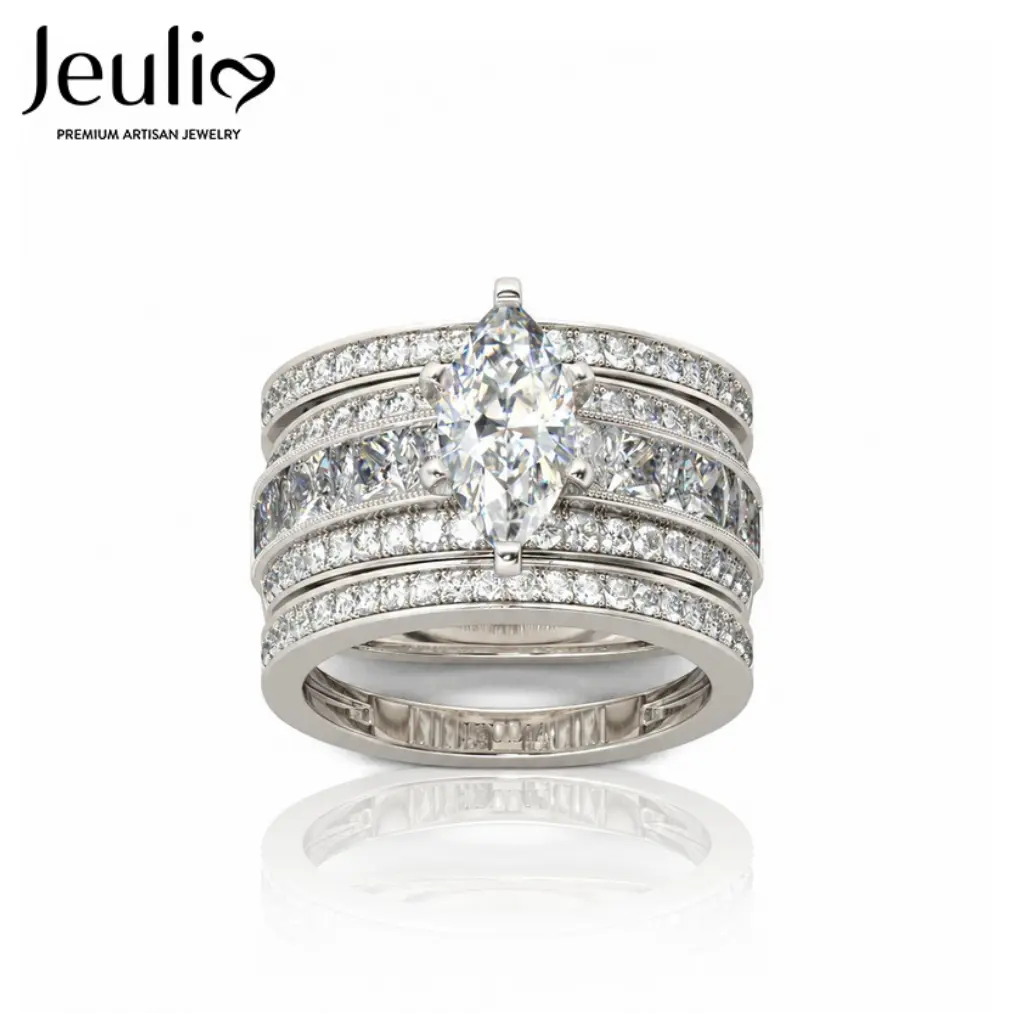 Jeulia 3-Piece Marquise Cut Sterling Silver Bridal Ring Set for Women, Teardrop Multi-Stone Wedding Band, Elegant Engagement Ring Set, Wedding Jewelry Gift for Her