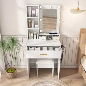 Vanity Desk With Mirror And Lights, Adjustable LED Lights, Power Outlet, Hairdryer Holder & Stool – Compact Dressing Table For Small Bedrooms(Vintage)