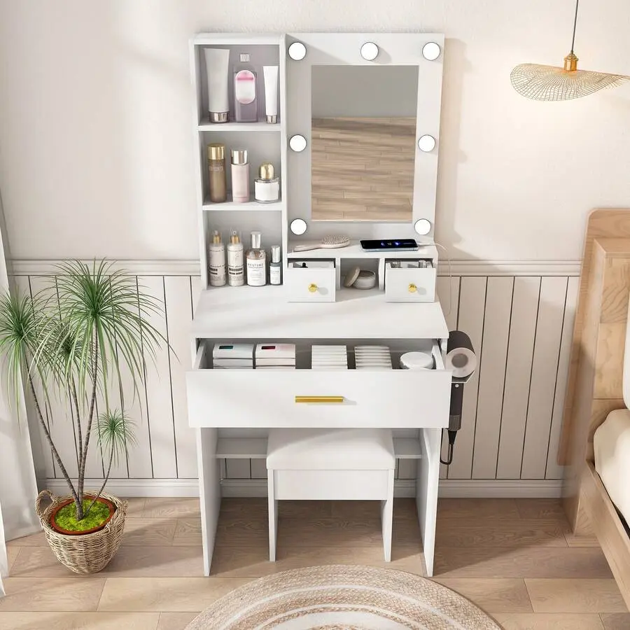 Vintage Vanity Desk with Mirror, Adjustable LED Lights, Power Outlet, Hairdryer Holder & Stool - Compact Makeup Vanity for Small Bedrooms, Ideal for Makeup Organization & Beauty Storage Solutions