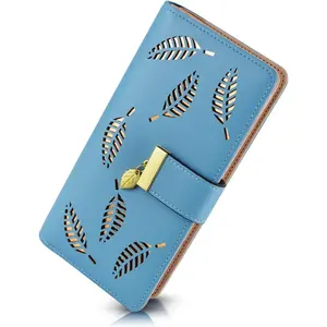 Women's Wallet Women Credit Card Holder Hollow Leaf  Bifold Leather Lady Long Wallet Purse Zip Birthday Xmas Gifts for Women Girls(Blue)
