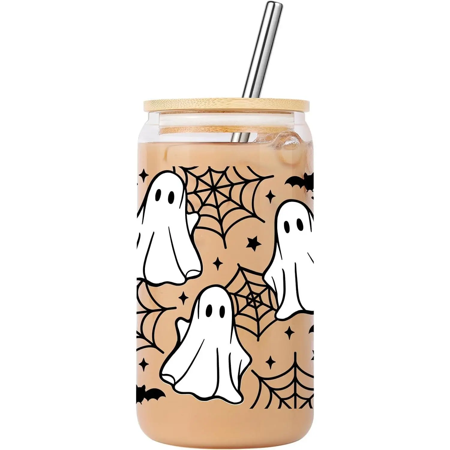 16oz Ghost Glass Tumbler, Spider Web & Bats Halloween Cup with Lid & Straw, Spooky Gifts for Halloween Lovers
