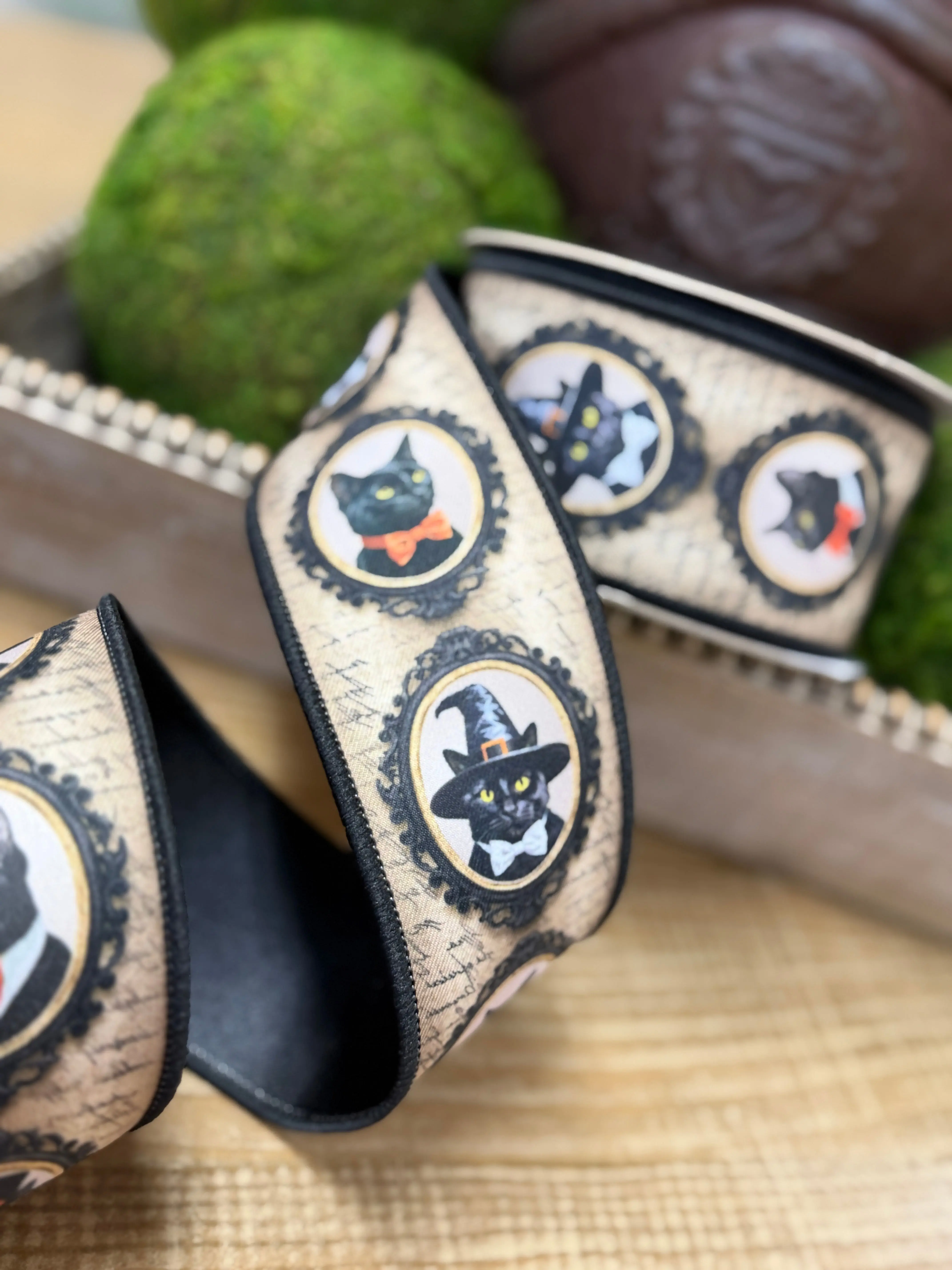 2.5 Inch By 10 Yard Black And Grey Vintage Black Cat Fused Ribbon