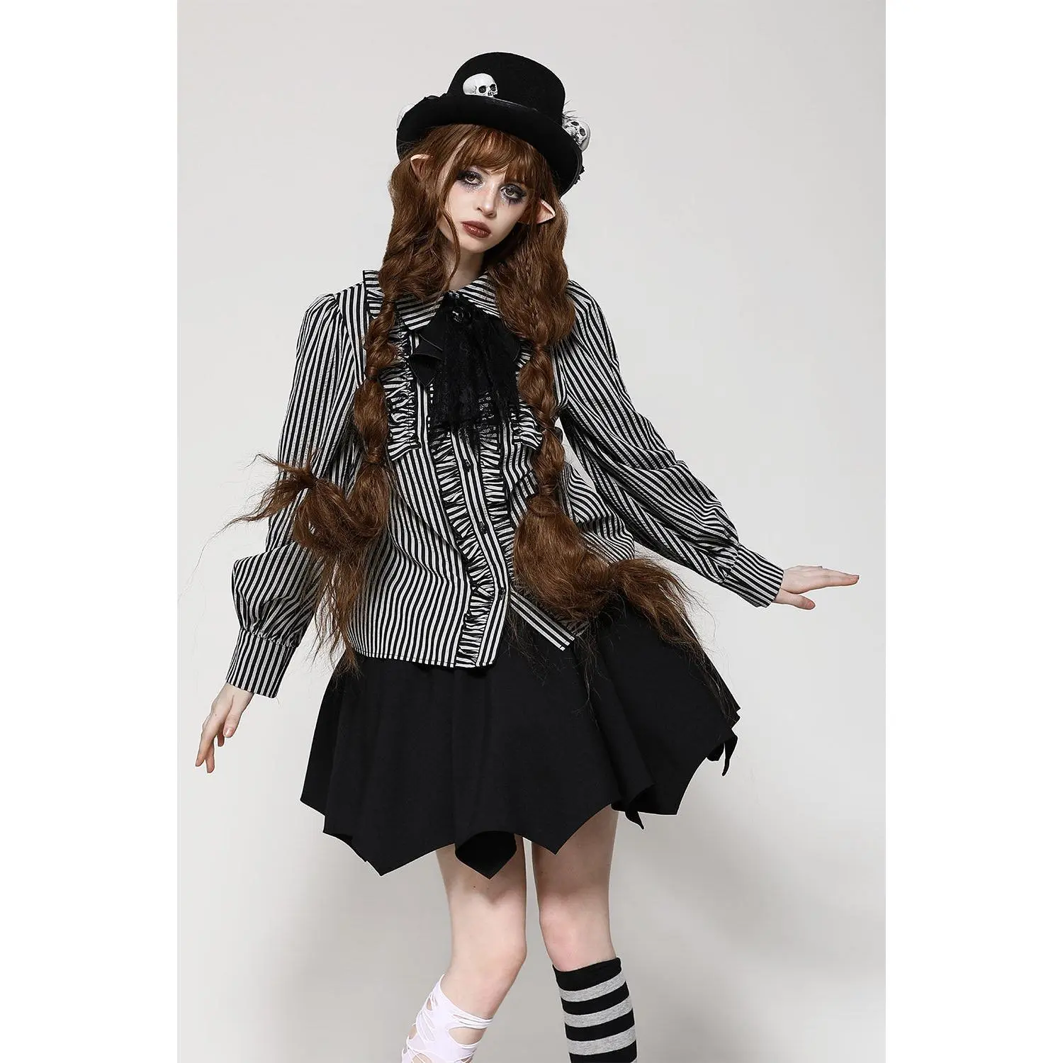 Mad Hatter Striped Button-Up Top with Lace Necktie