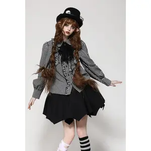 Mad Hatter Striped Button-Up Top with Lace Necktie