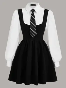 Colorblock Puff Sleeve 2 In 1 Black Dress With Sleeves With Tie