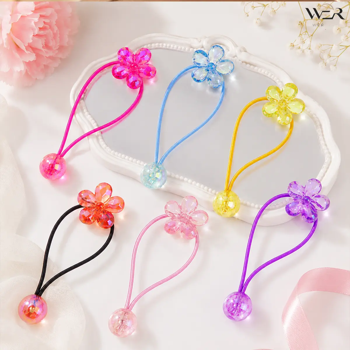 Women’s Colorful Flower Crystal Bead Hair Tie Set, 6pcs/1set Ponytail Holders, All Ages Daily Wear Fashion Hair Accessory, Perfect Gift, Bright, Bling Hair Fashion