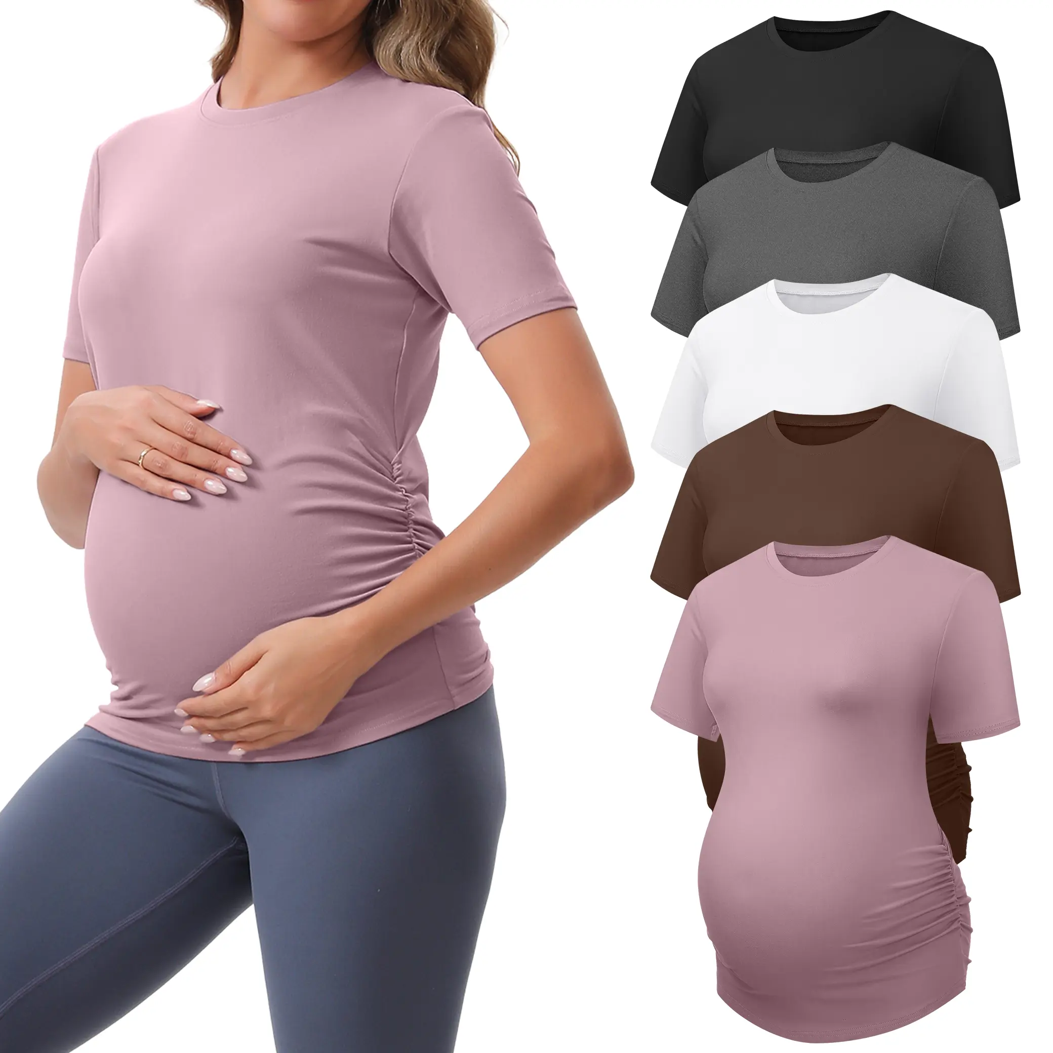 HovSiyla 5 Pack Women's Maternity Shirts, Short Sleeve Crew Neck Ruched Tops, Slim-Fitting Moisture Wicking Maternity Apparel for Casual & Party