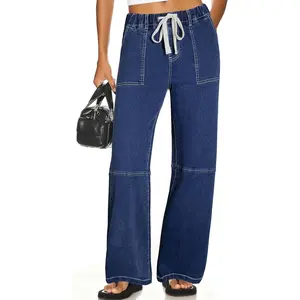 Women's Wide Leg Jeans High Waisted Elastic Stretchy Trendy Drawstring Baggy Pull On Denim Pants with Oversized Fit