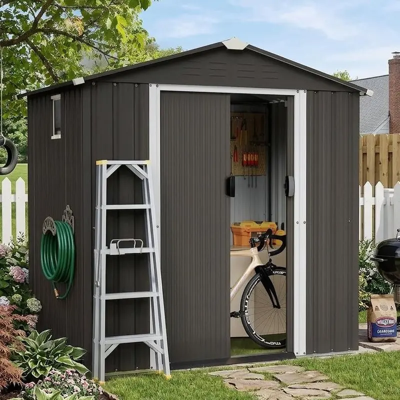 Walsunny Steel Garden Shed, Outdoor Storage Tool with Window Durable Shed with Gabled Roof & Slant Roof for Outdoor Use, Thick Steel Plates & Lockable Door