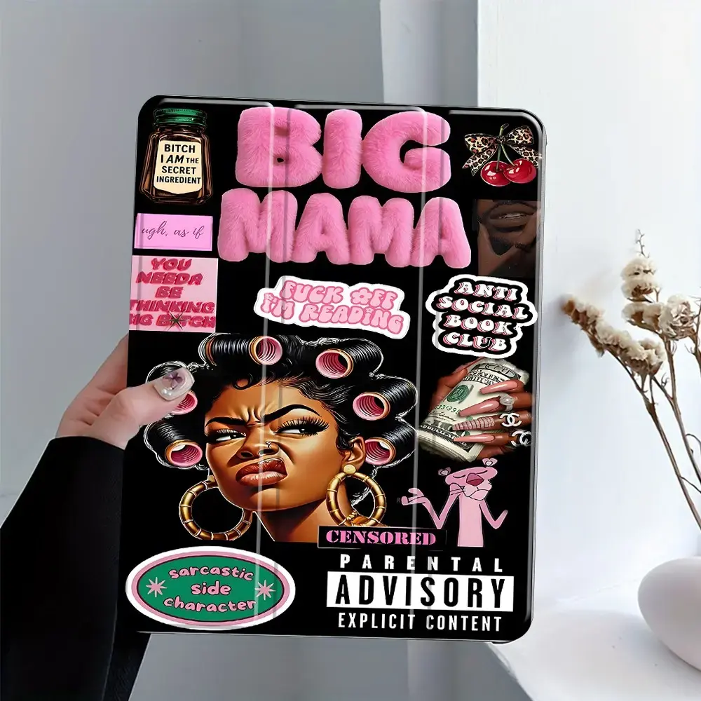 "BIG MAMA" Retro Collage iPad Protective Case, Tablet Accessories, Black & Pink Aesthetic Protective Cover with Trifold Stand & Auto Wake/Sleep, Transparent Acrylic Hard Back, Shockproof Full Body Protection, Fits 10.2/10.5/10.9/11/12.9 Inch Tablets