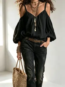 Women's Solid Color Off-Shoulder Suspender Puff Sleeve Loose Slimming Cover Up - New European & American Style Vacation Shirt (Sports & Outdoor Swimwear Surfwear Accessory)